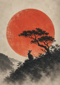 Moon Rabbit Red Sun Poster, Japanese Nature Wall Art, Matte Print