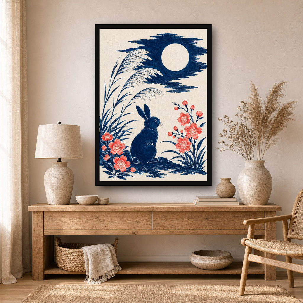 Moon Rabbit Reeds Japanese Retro Poster Print - A room mockup