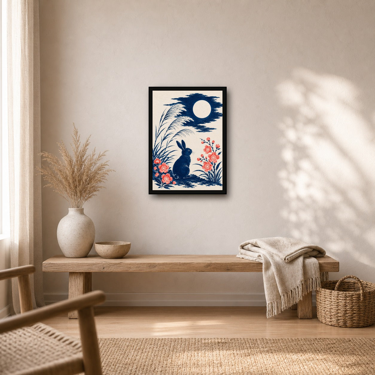 Moon Rabbit Reeds Japanese Retro Poster Print - A room mockup