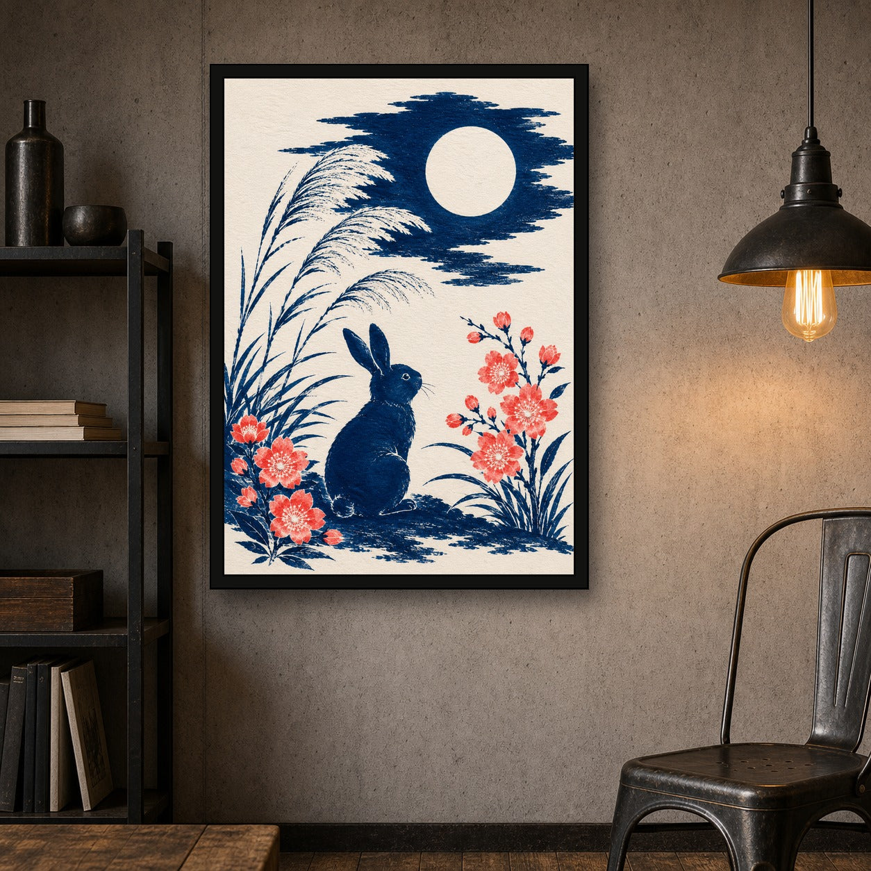 Moon Rabbit Reeds Japanese Retro Poster Print - A room mockup
