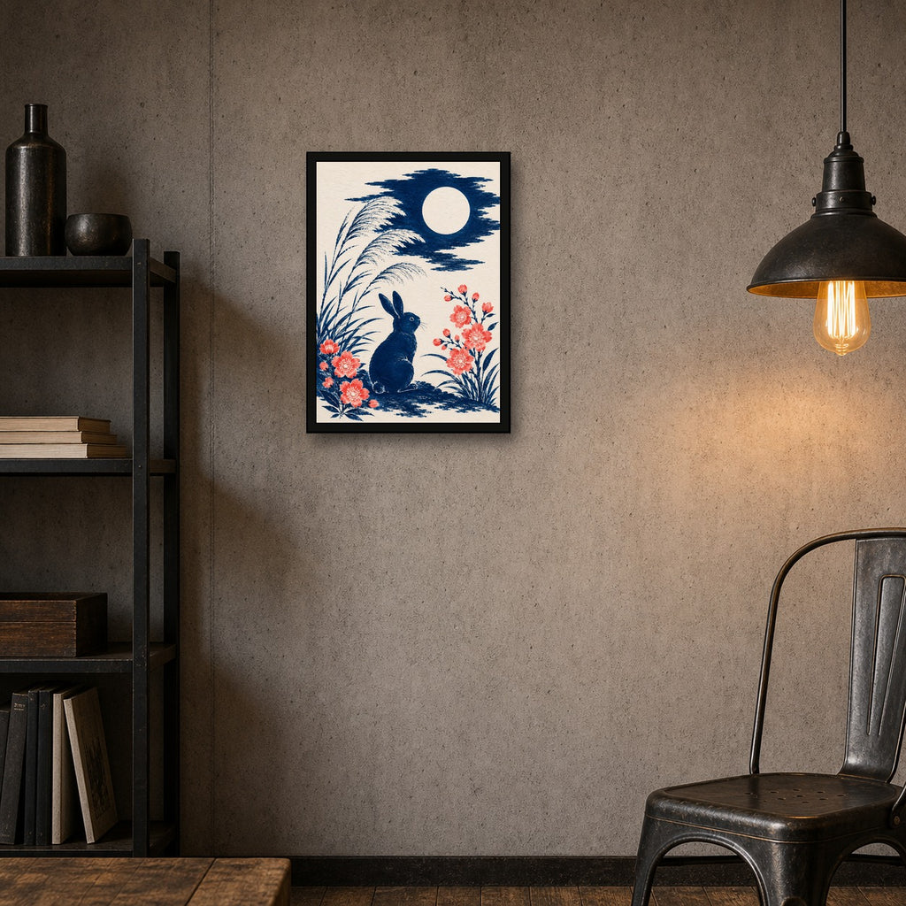 Moon Rabbit Reeds Japanese Retro Poster Print - A room mockup