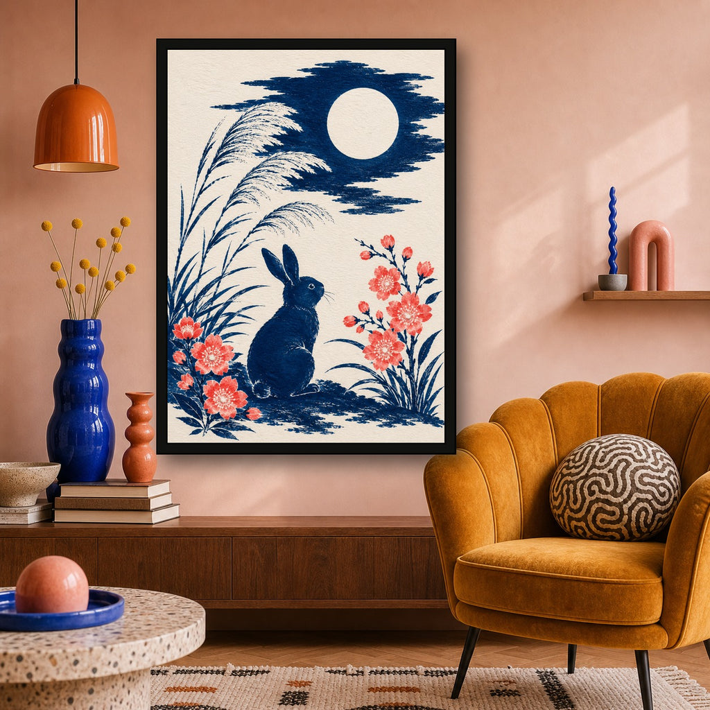 Moon Rabbit Reeds Japanese Retro Poster Print - A room mockup