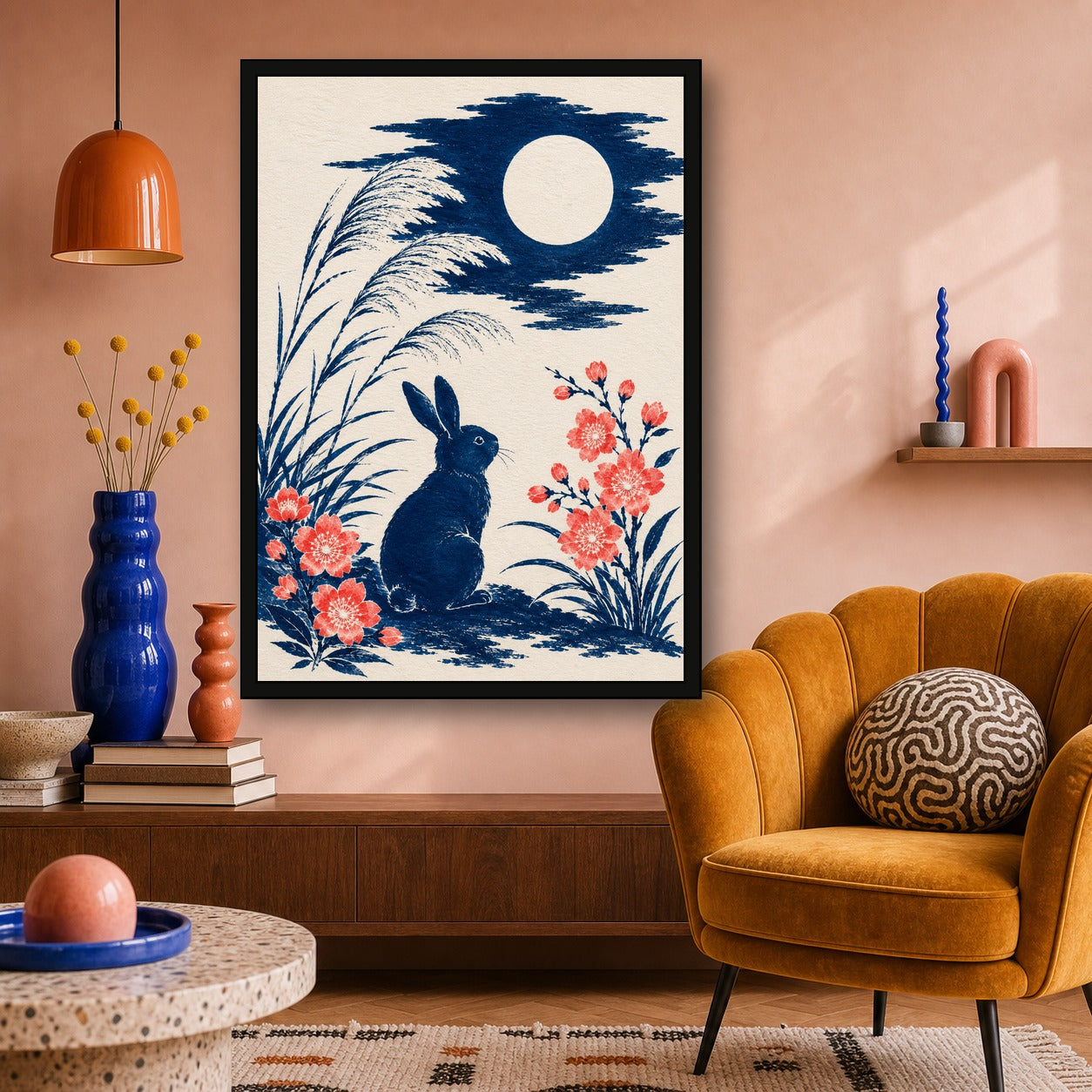 Moon Rabbit Reeds Japanese Retro Poster Print - A room mockup