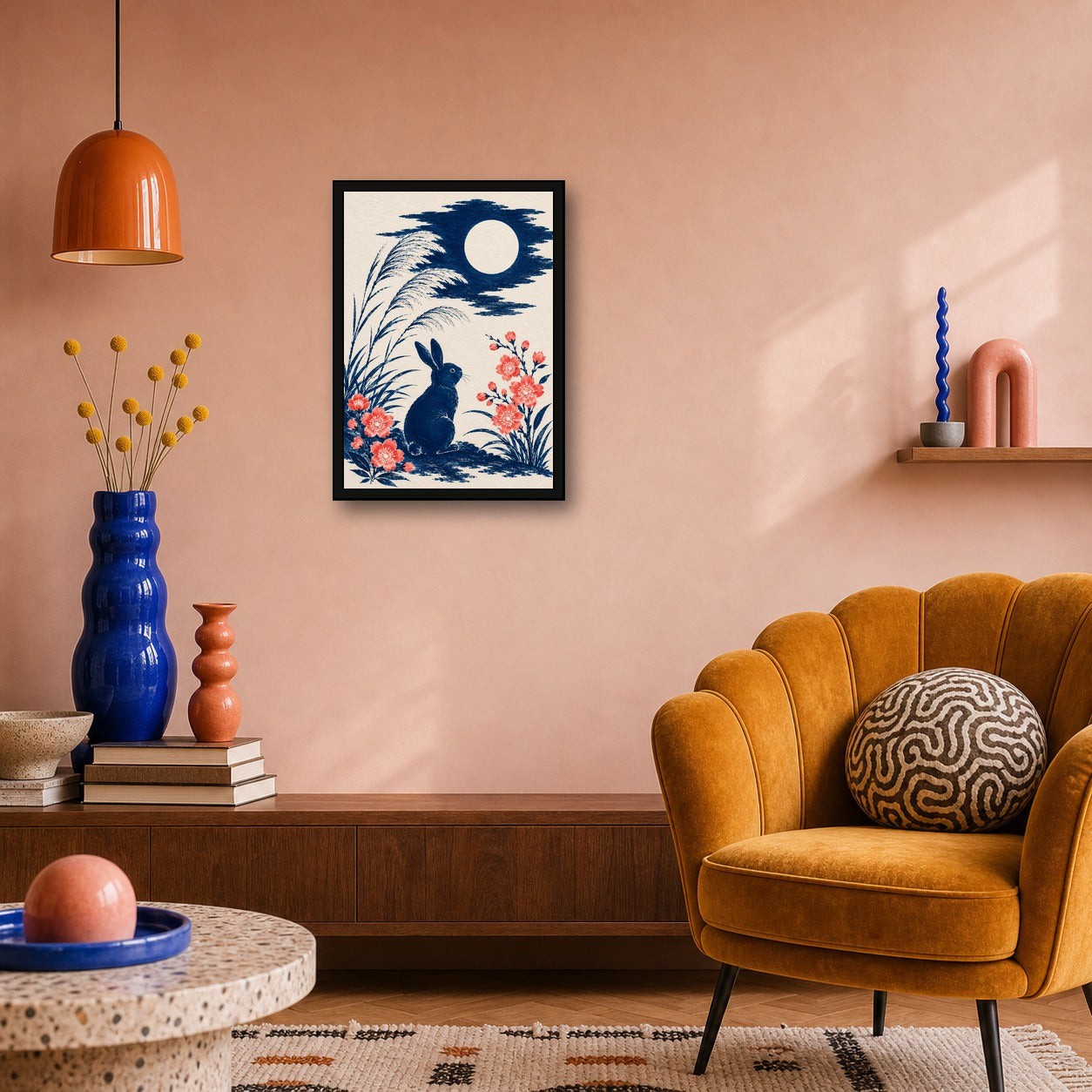 Moon Rabbit Reeds Japanese Retro Poster Print - A room mockup