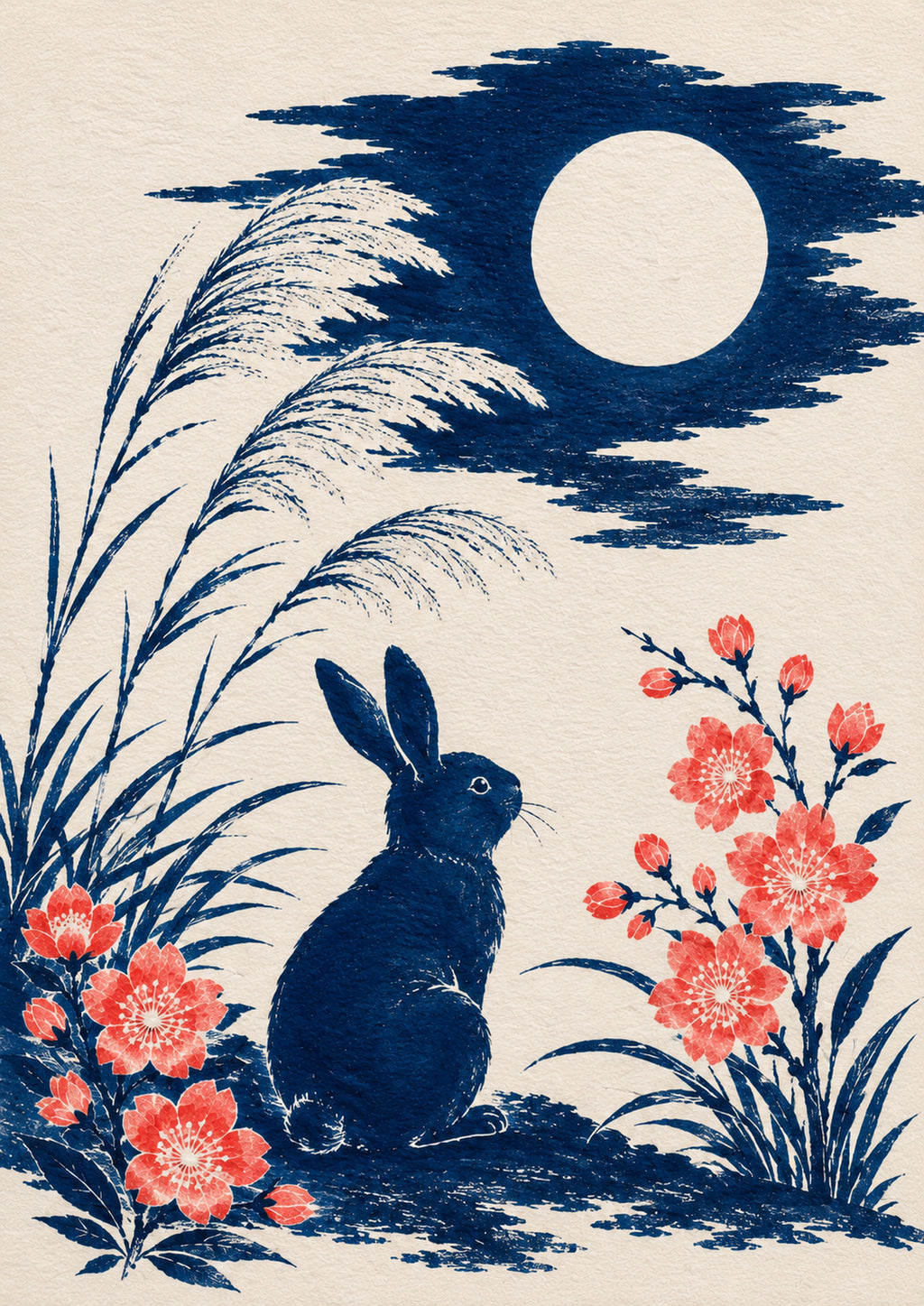 Moon Rabbit Reeds Japanese Retro Poster Print