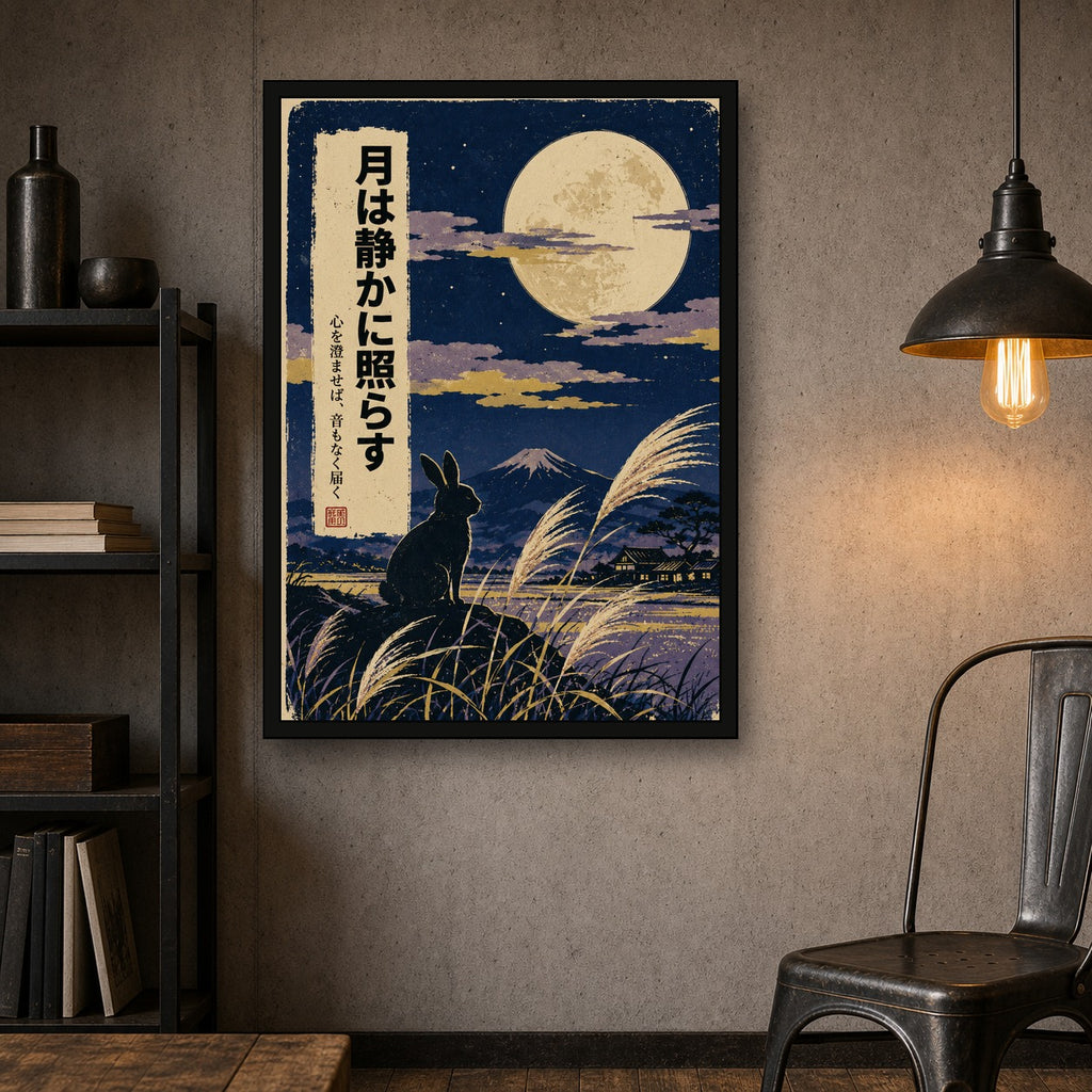 Moon Rabbit Susuki Poster, Japanese Nature Wall Art, Matte Print - A room mockup