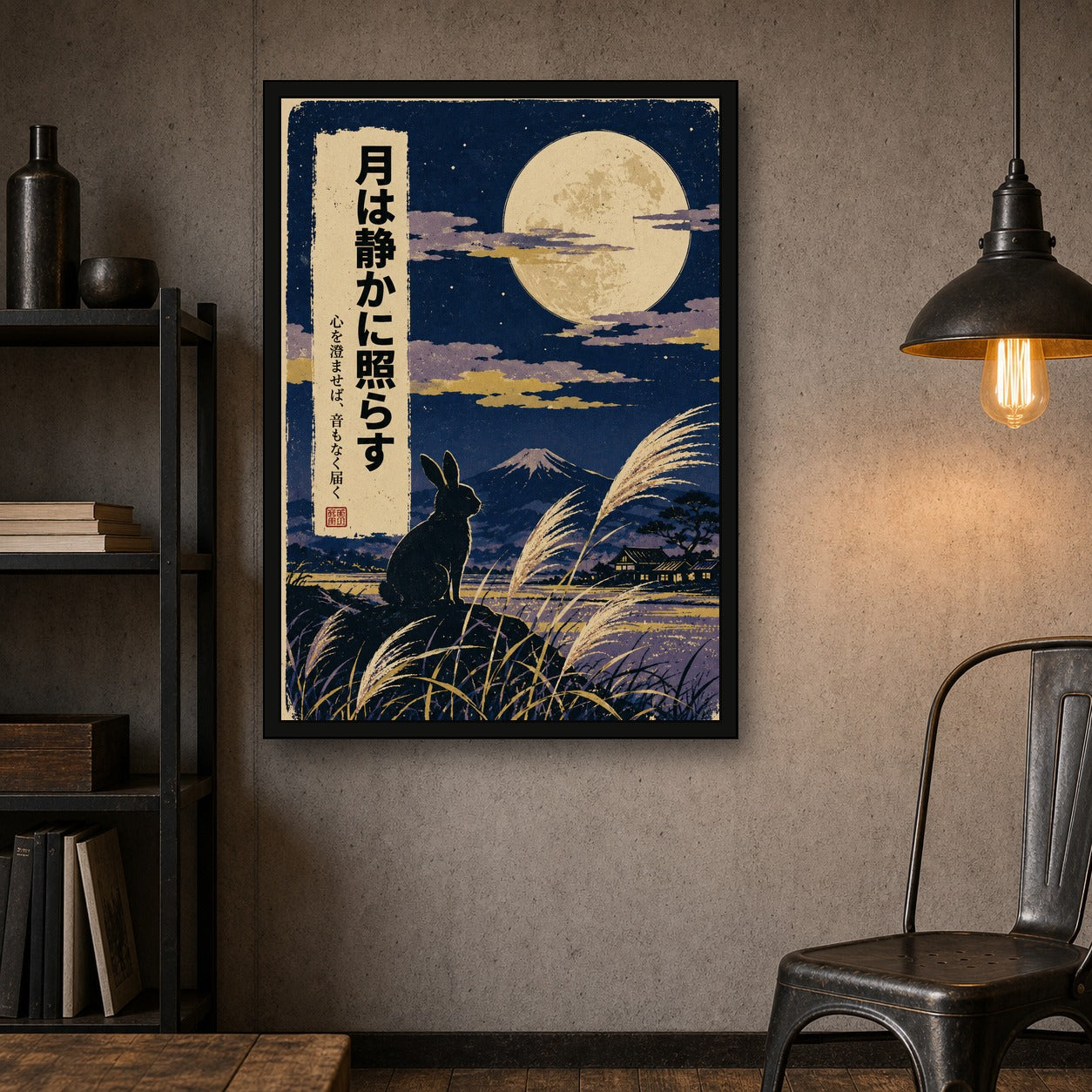 Moon Rabbit Susuki Poster, Japanese Nature Wall Art, Matte Print - A room mockup
