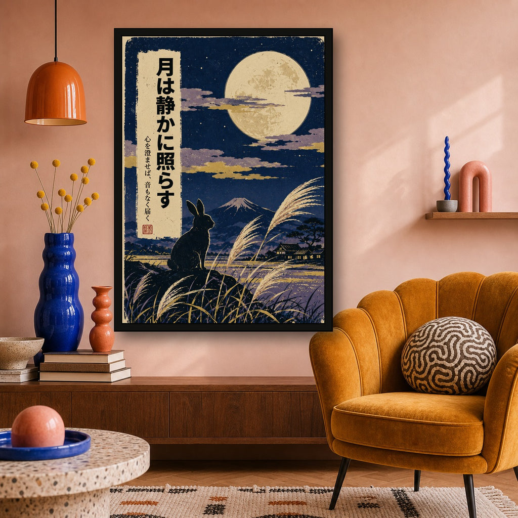Moon Rabbit Susuki Poster, Japanese Nature Wall Art, Matte Print - A room mockup