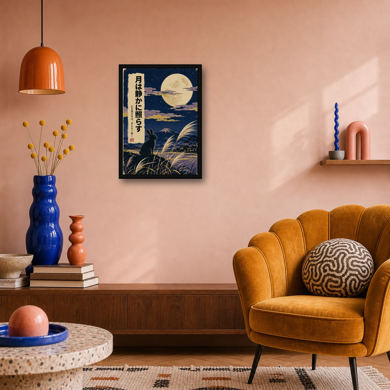 Moon Rabbit Susuki Poster, Japanese Nature Wall Art, Matte Print - A room mockup