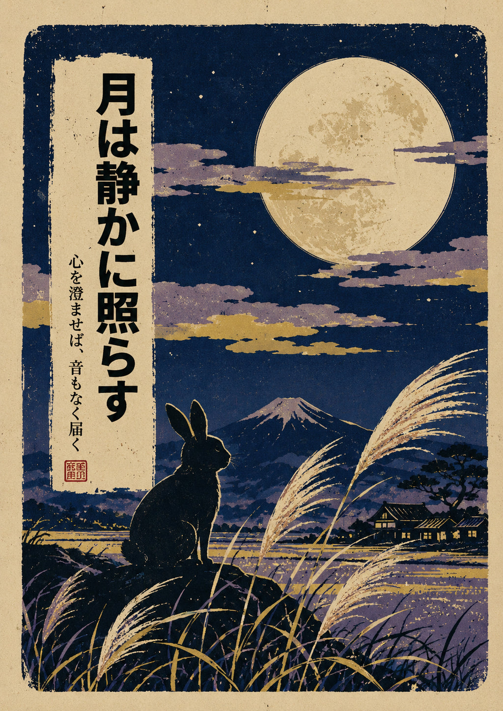 Moon Rabbit Susuki Poster, Japanese Nature Wall Art, Matte Print - full A artwork