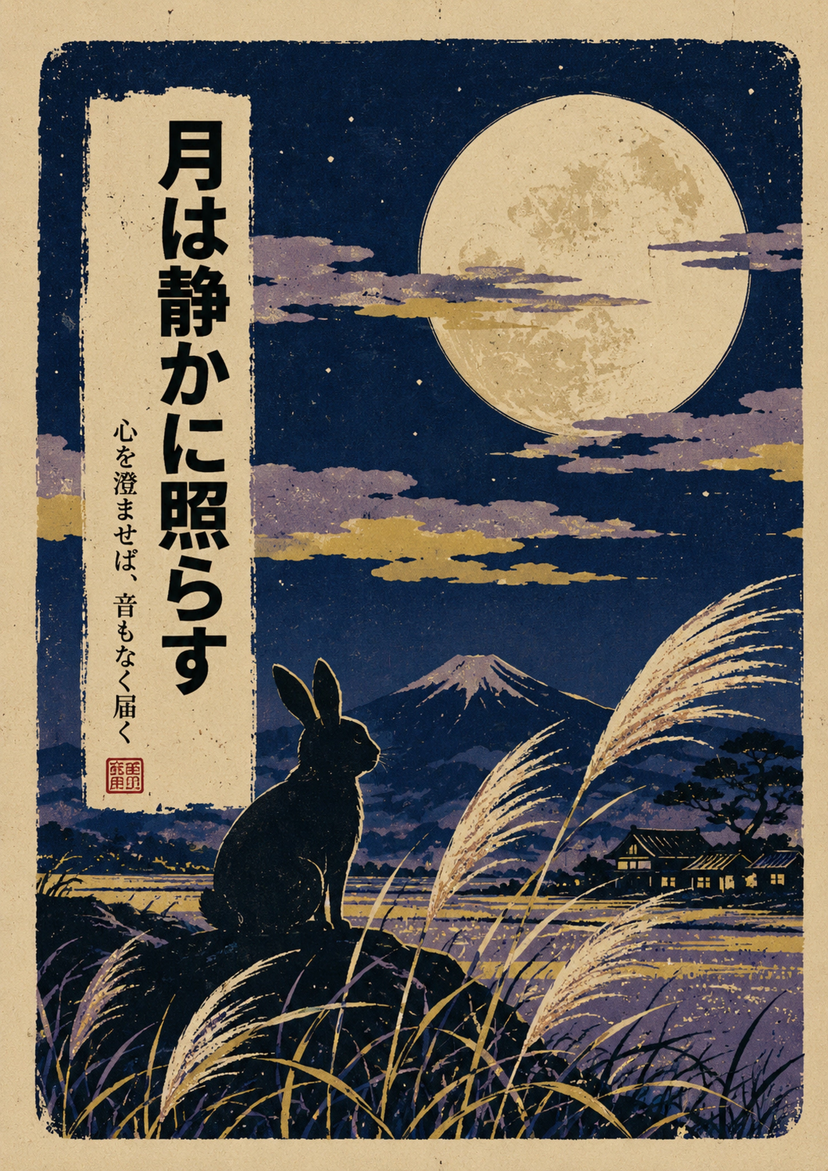 Moon Rabbit Susuki Poster, Japanese Nature Wall Art, Matte Print - full A artwork