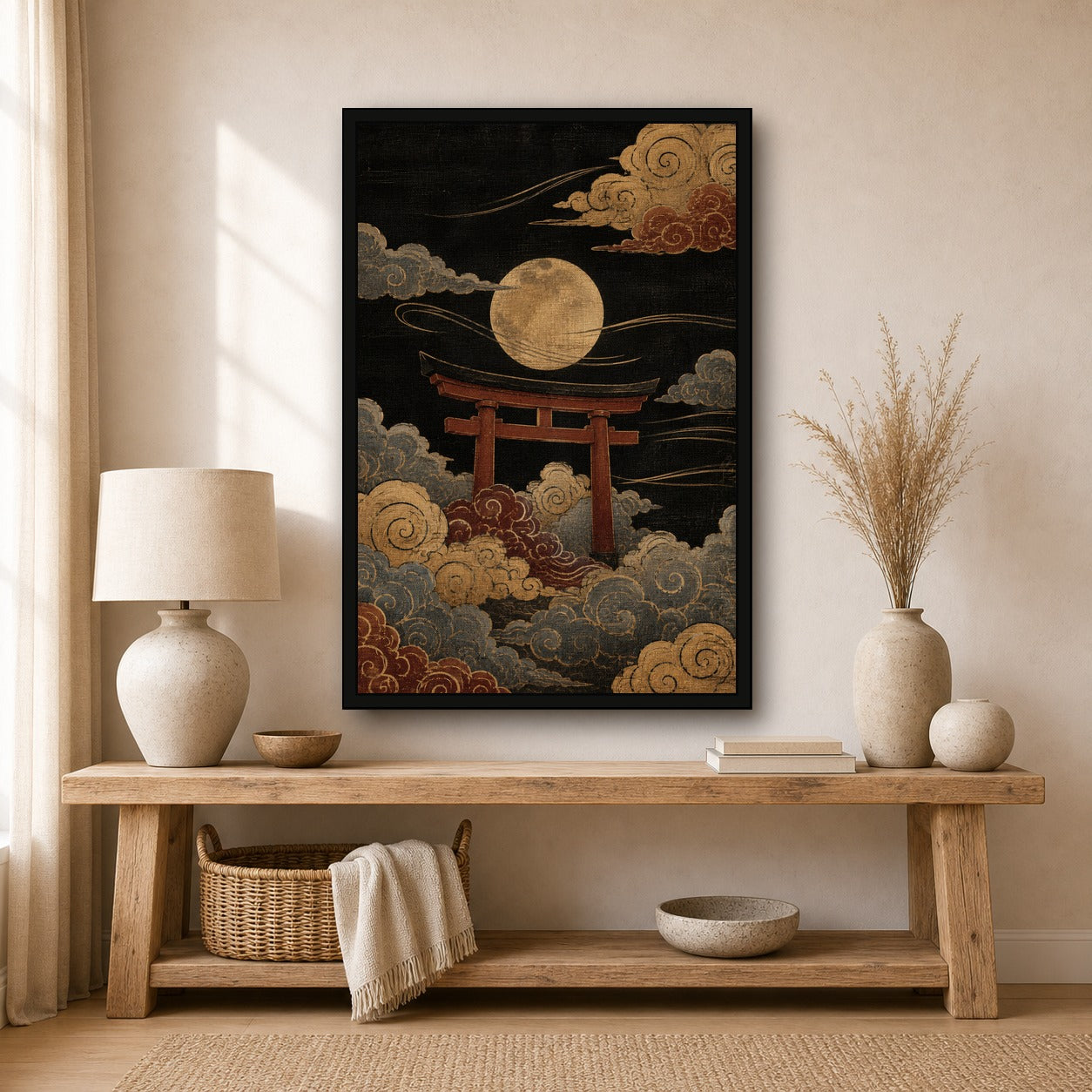Moon Torii Gate Clouds Japanese Retro Poster Print - 2x3 room mockup