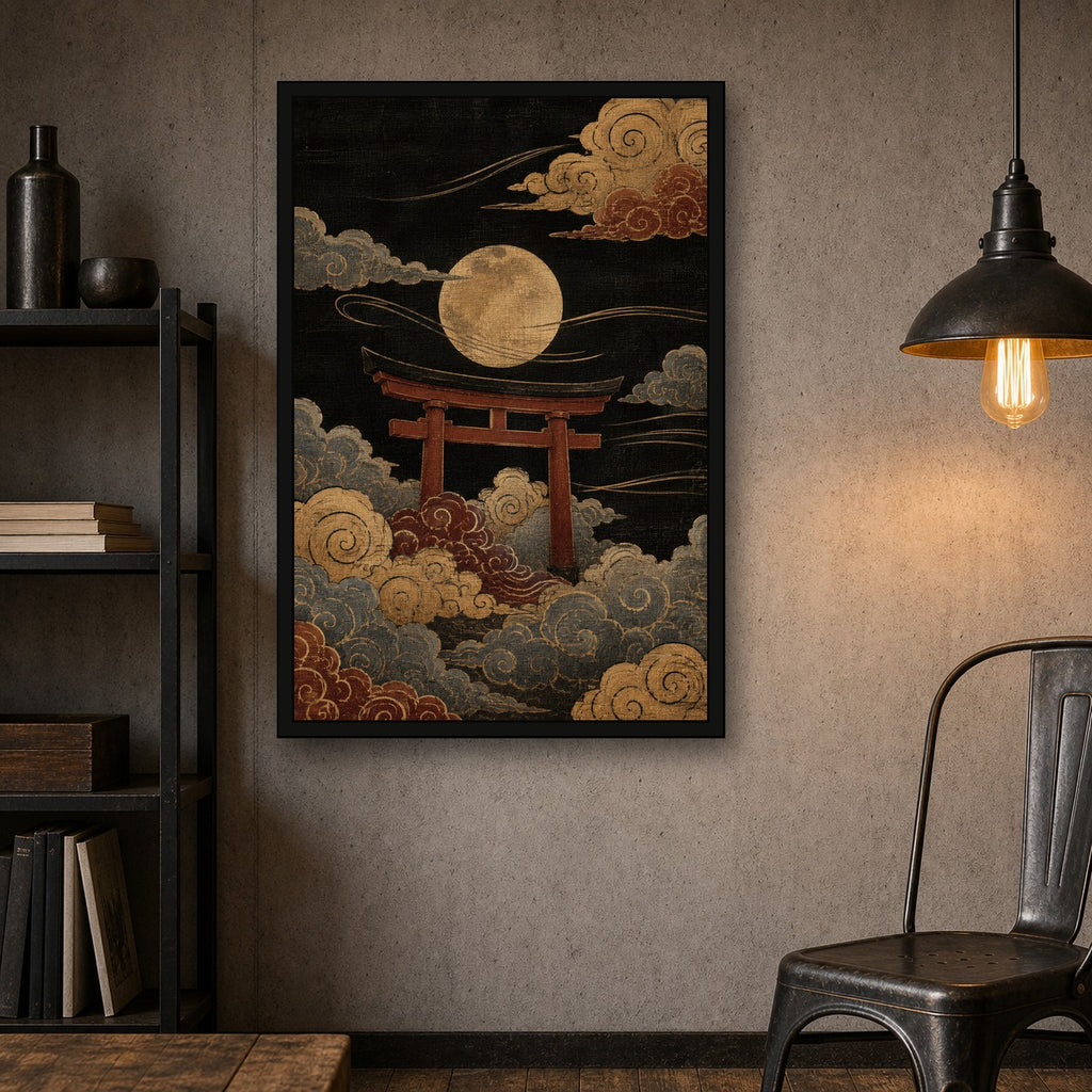 Moon Torii Gate Clouds Japanese Retro Poster Print - 2x3 room mockup