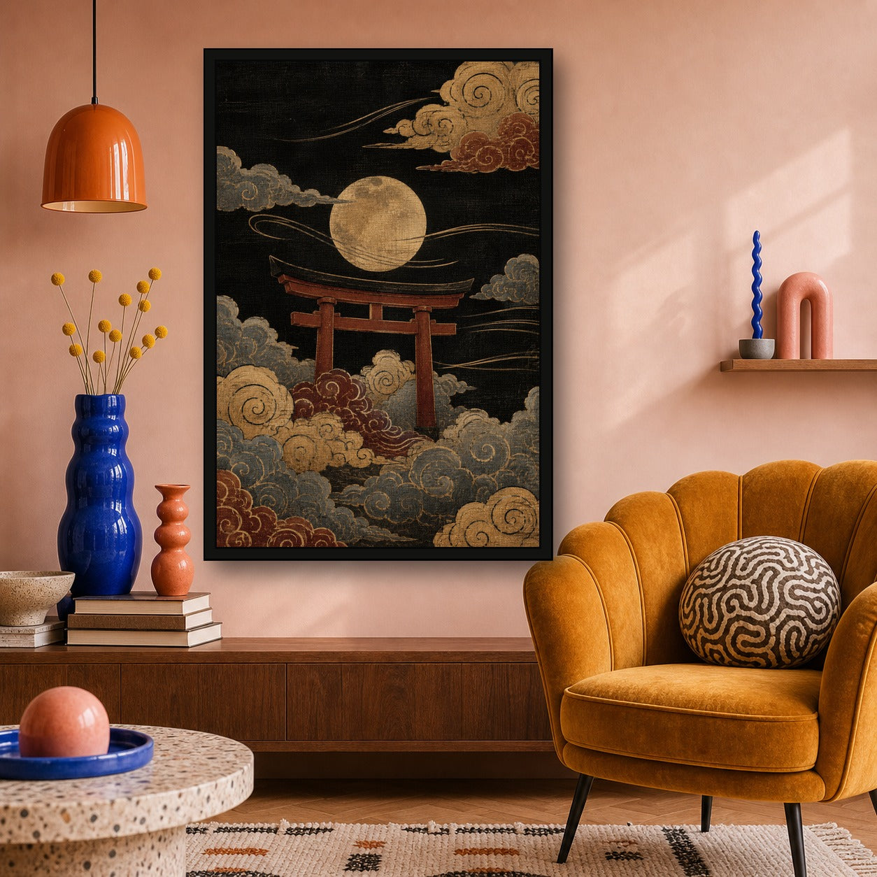 Moon Torii Gate Clouds Japanese Retro Poster Print - 2x3 room mockup