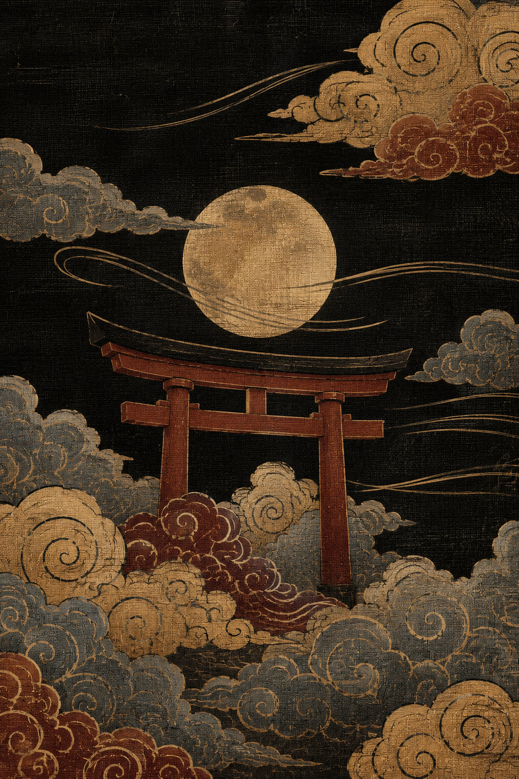Moon Torii Gate Clouds Japanese Retro Poster Print