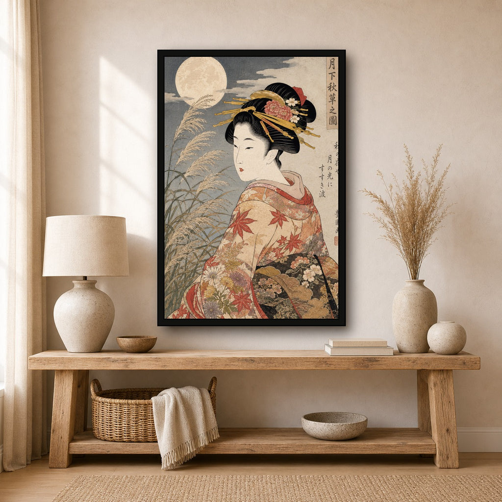 Moonlit Beauty Autumn Grass Ukiyoe Japanese inspired poster print for modern wall decor