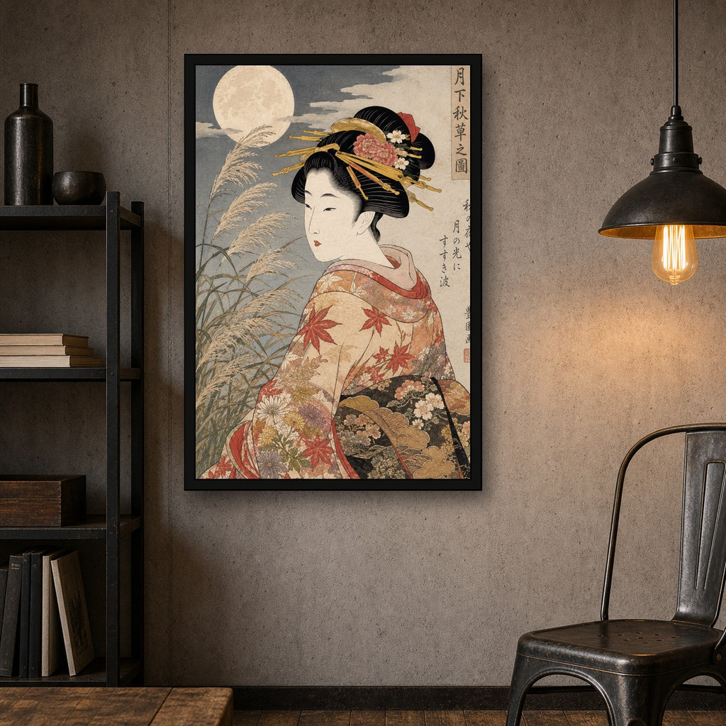Moonlit Beauty Autumn Grass Ukiyoe Japanese inspired poster print for modern wall decor