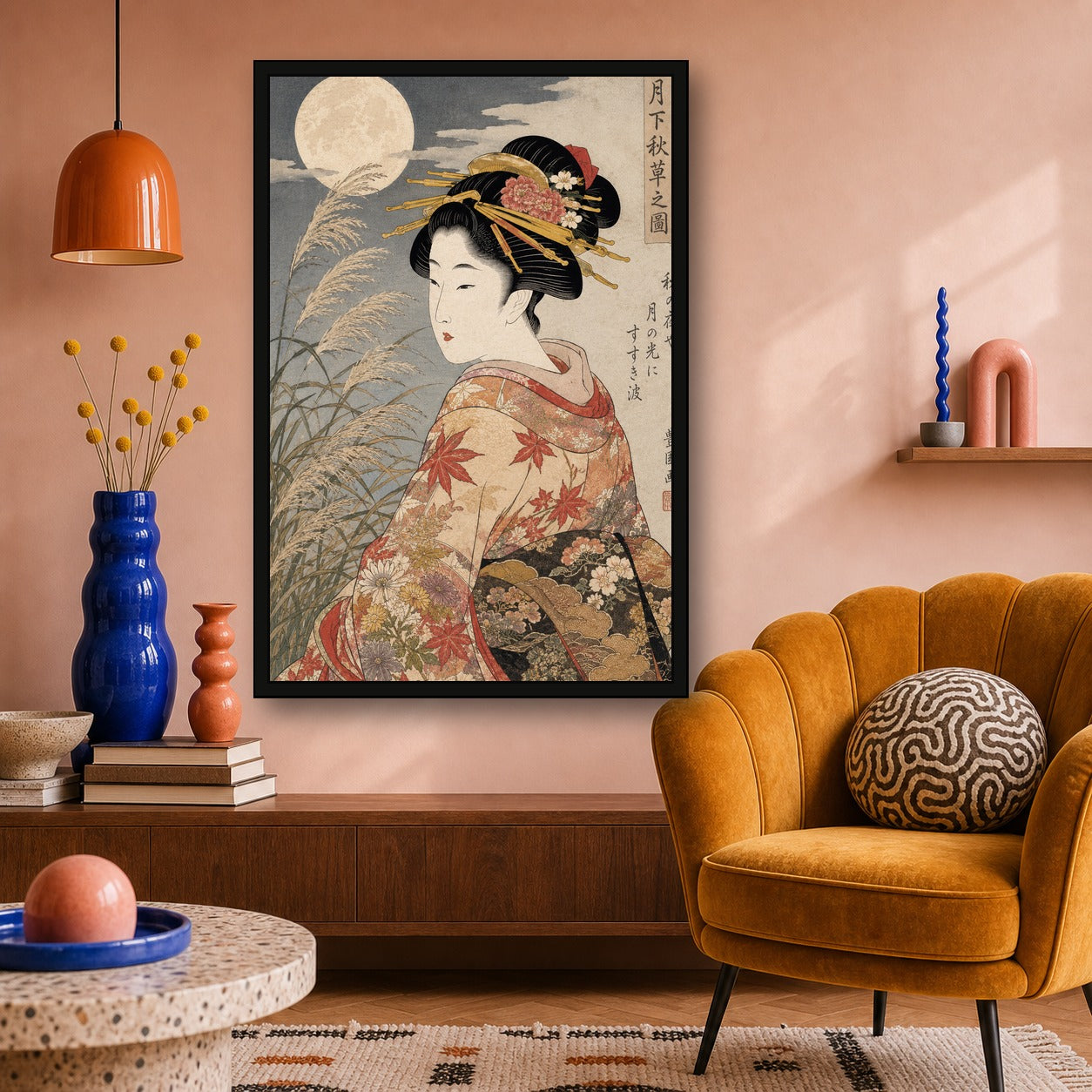 Moonlit Beauty Autumn Grass Ukiyoe Japanese inspired poster print for modern wall decor