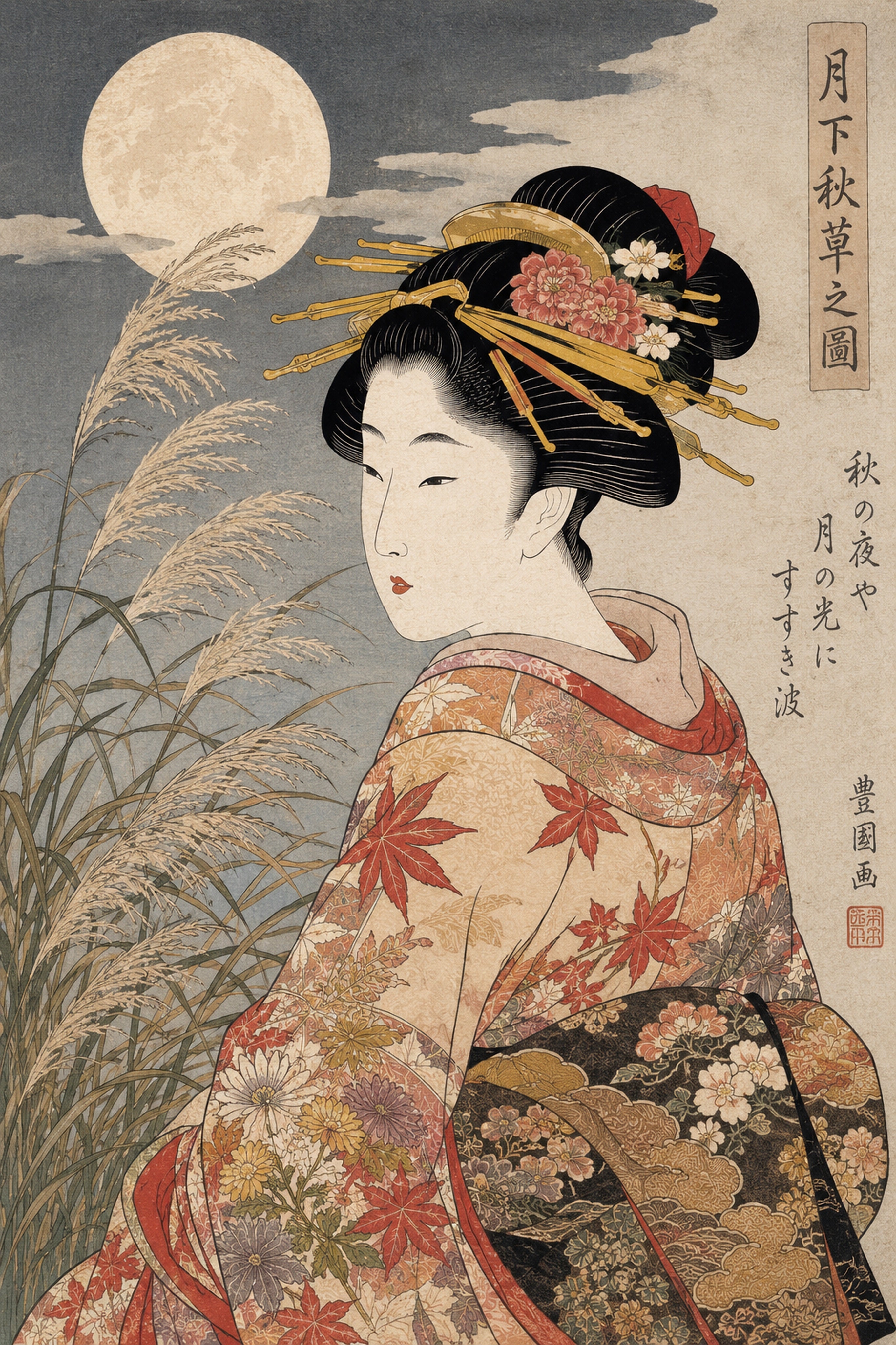 Moonlit Beauty Autumn Grass Ukiyoe Japanese inspired poster print for modern wall decor