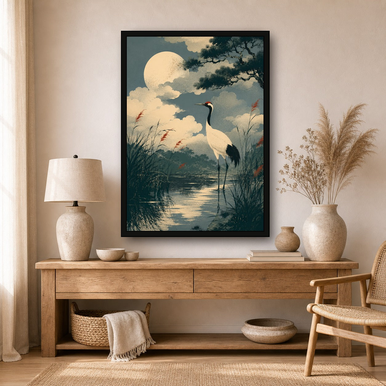 Moonlit Crane Marsh Japanese Retro Poster Print - A room mockup