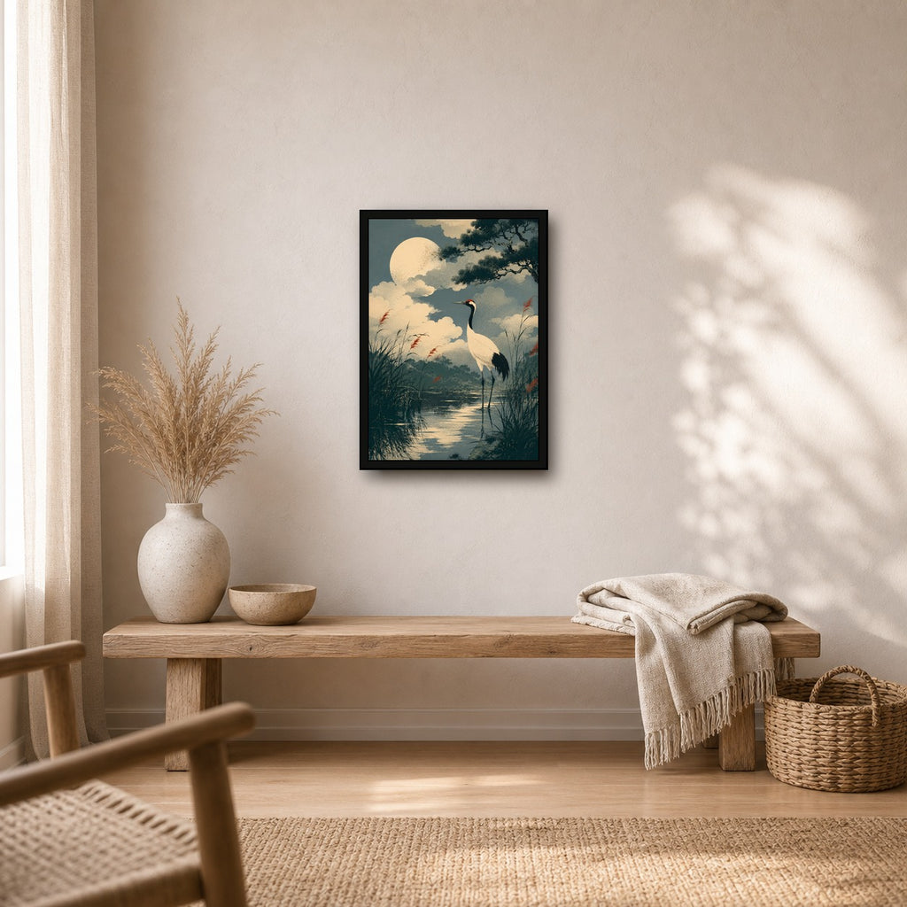 Moonlit Crane Marsh Japanese Retro Poster Print - A room mockup