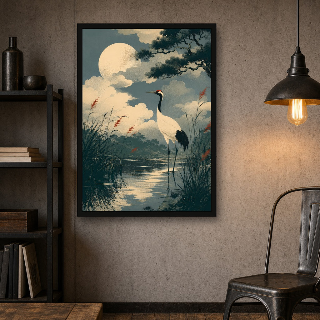 Moonlit Crane Marsh Japanese Retro Poster Print - A room mockup