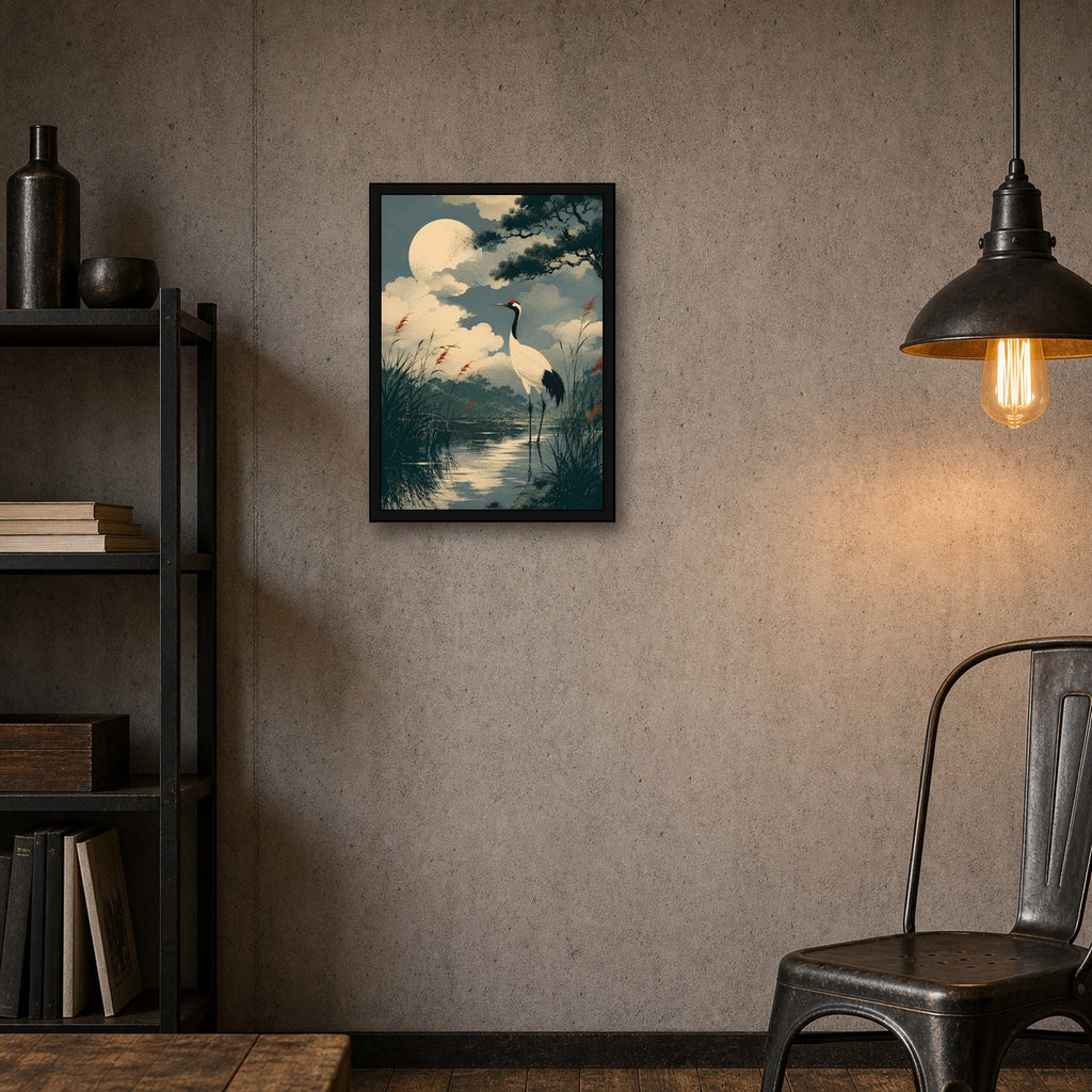 Moonlit Crane Marsh Japanese Retro Poster Print - A room mockup