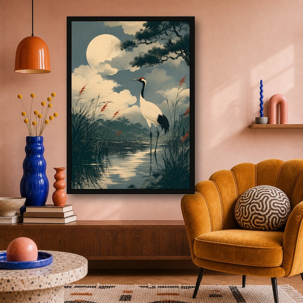 Moonlit Crane Marsh Japanese Retro Poster Print - A room mockup