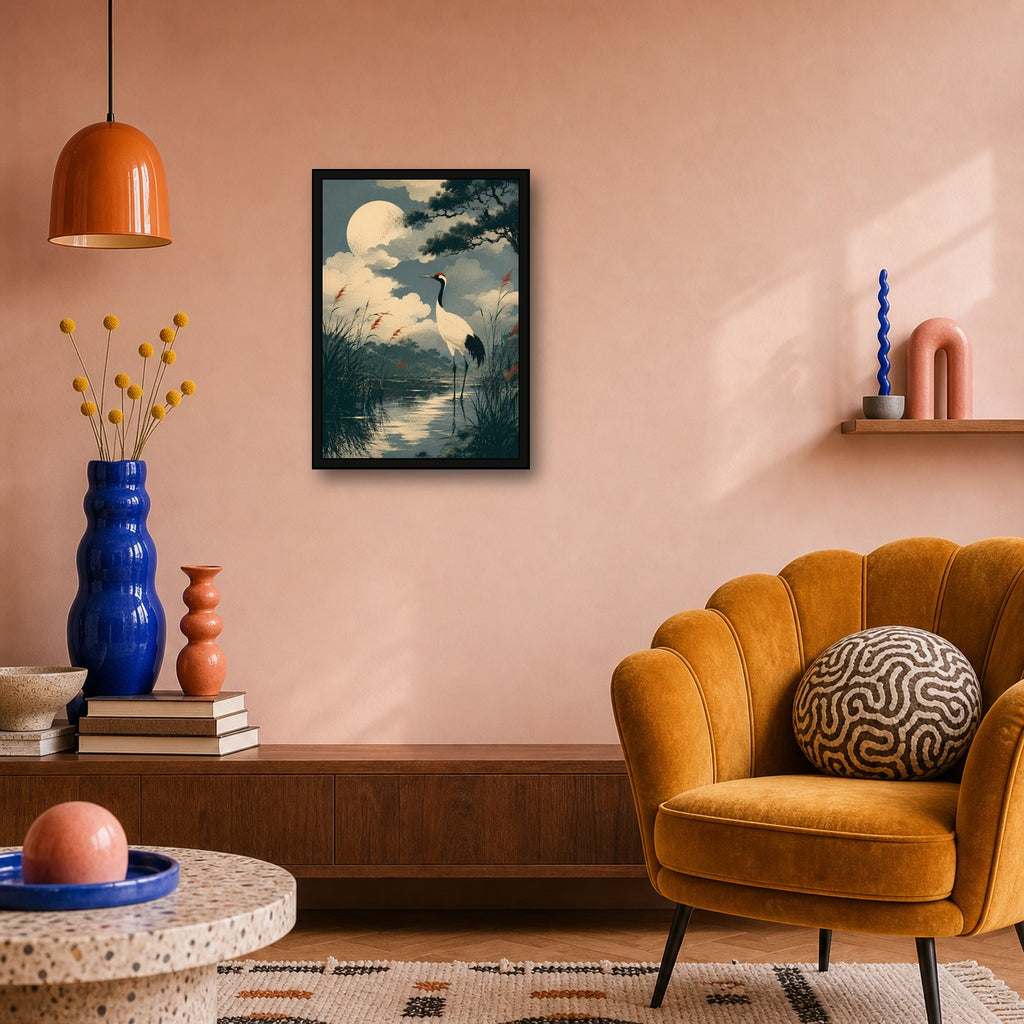 Moonlit Crane Marsh Japanese Retro Poster Print - A room mockup