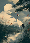 Moonlit Crane Marsh Japanese Retro Poster Print