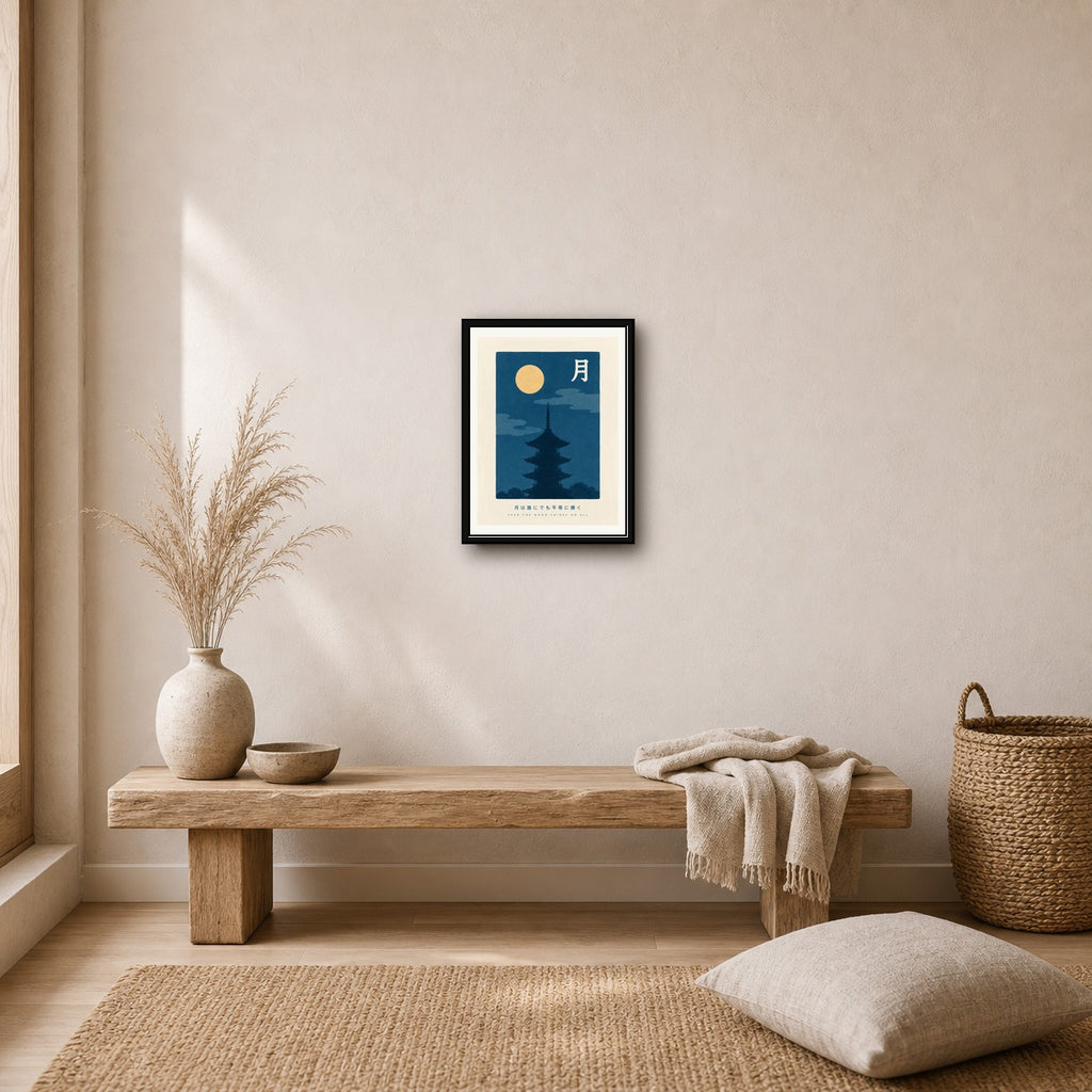 Moonlit Pagoda Art Print, Japanese Travel Decor in Six Sizes, Serene Asian Wall Art - corrected 3x4 room mockup