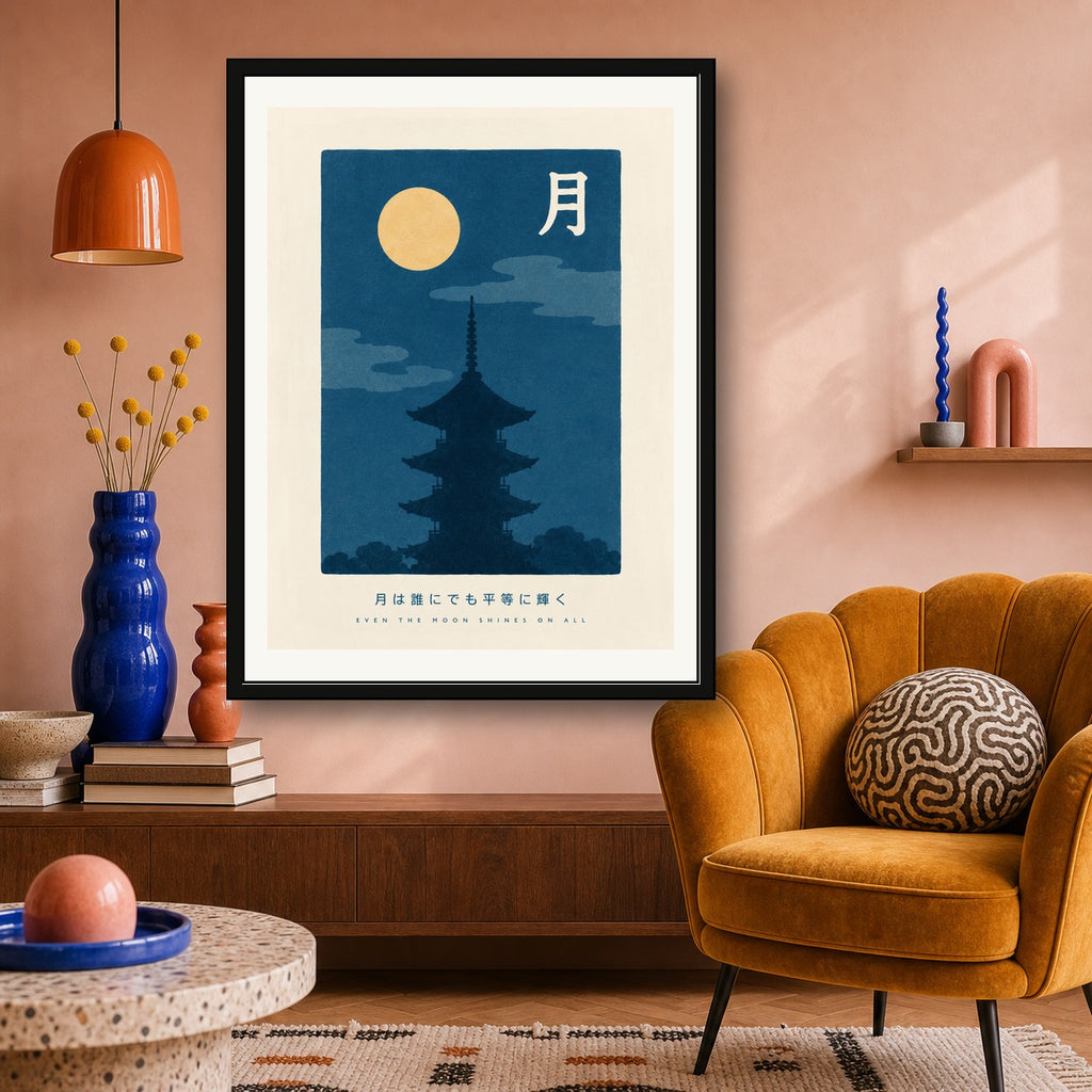 Moonlit Pagoda Art Print, Japanese Travel Decor in Six Sizes, Serene Asian Wall Art - corrected 3x4 room mockup