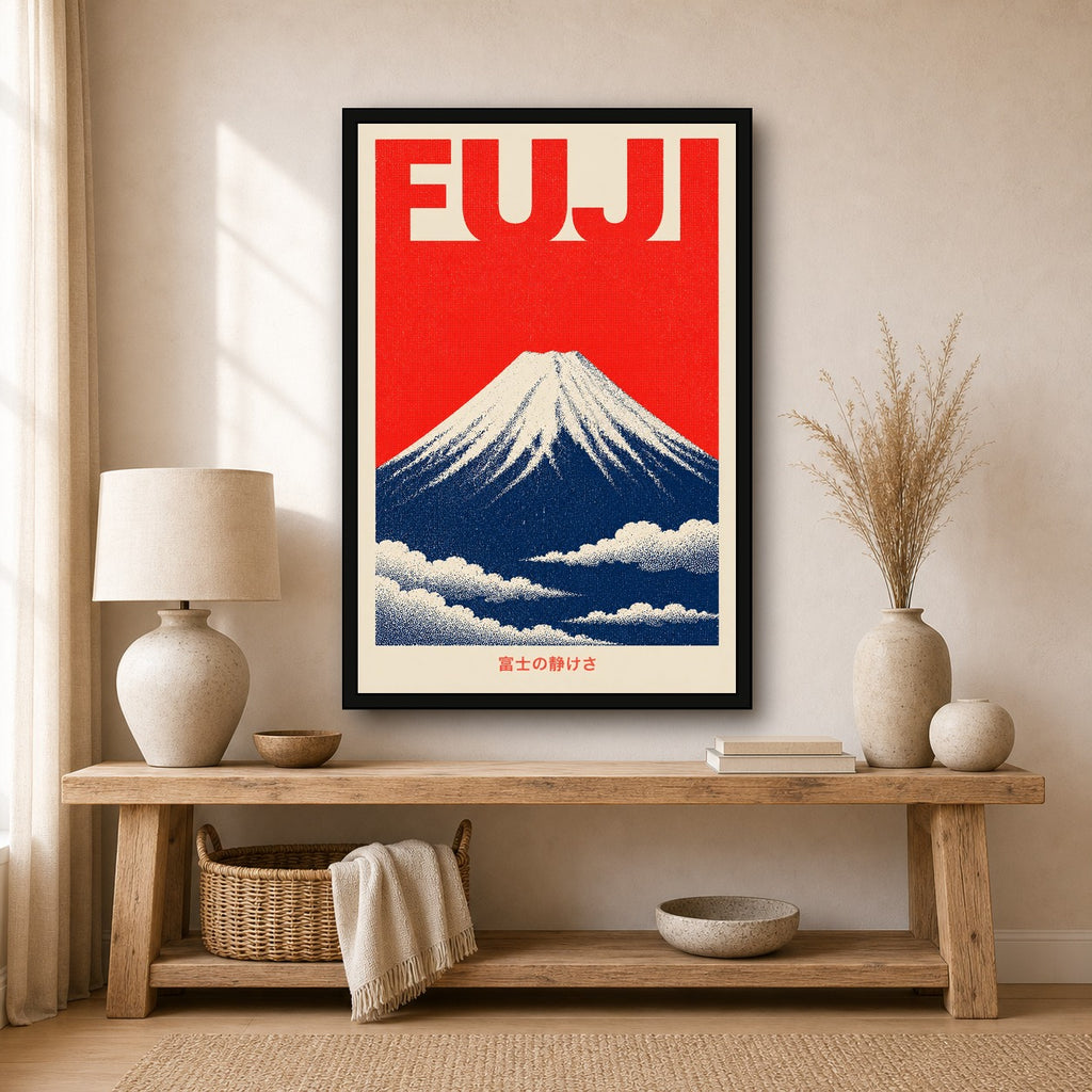 Mount Fuji Clouds Red Japanese Retro Poster Print - 2x3 room mockup