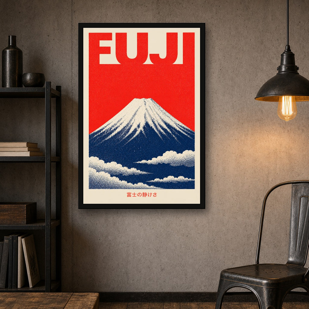 Mount Fuji Clouds Red Japanese Retro Poster Print - 2x3 room mockup