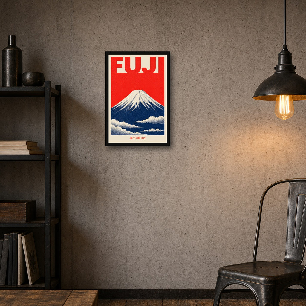 Mount Fuji Clouds Red Japanese Retro Poster Print - 2x3 room mockup