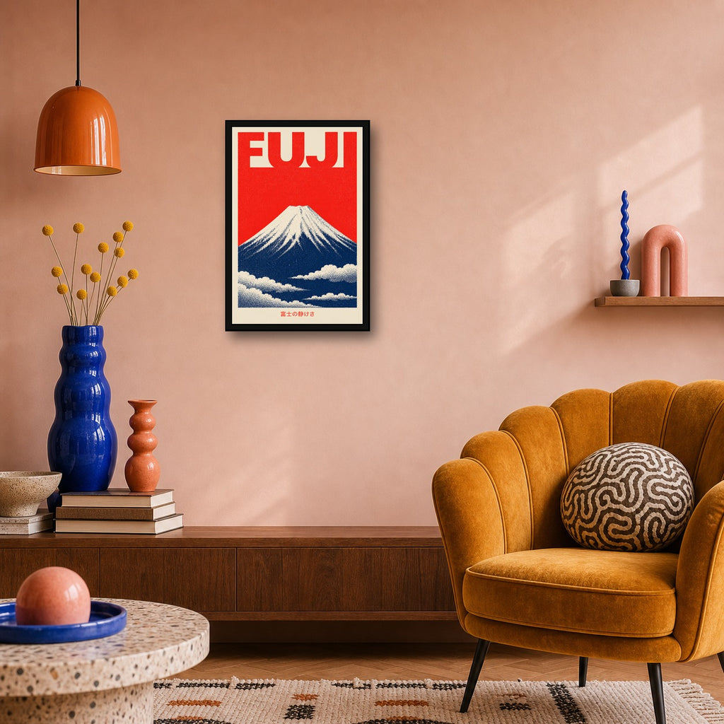Mount Fuji Clouds Red Japanese Retro Poster Print - 2x3 room mockup