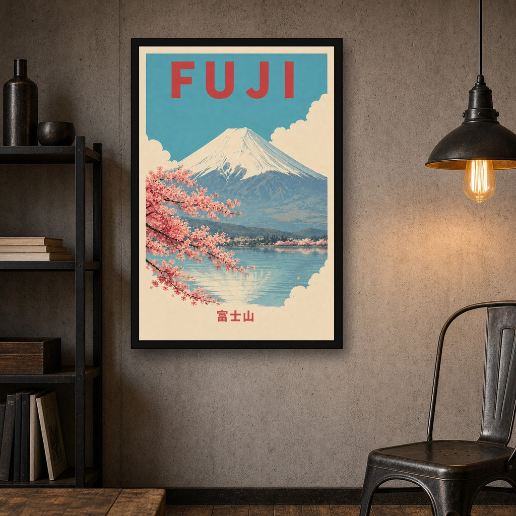 Mount Fuji Lake Travel Japanese Retro Poster Print - 2x3 room mockup