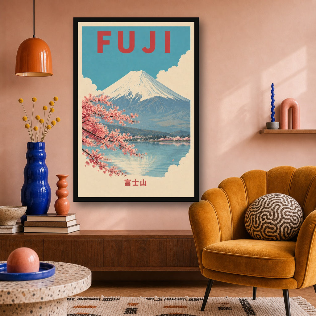 Mount Fuji Lake Travel Japanese Retro Poster Print - 2x3 room mockup