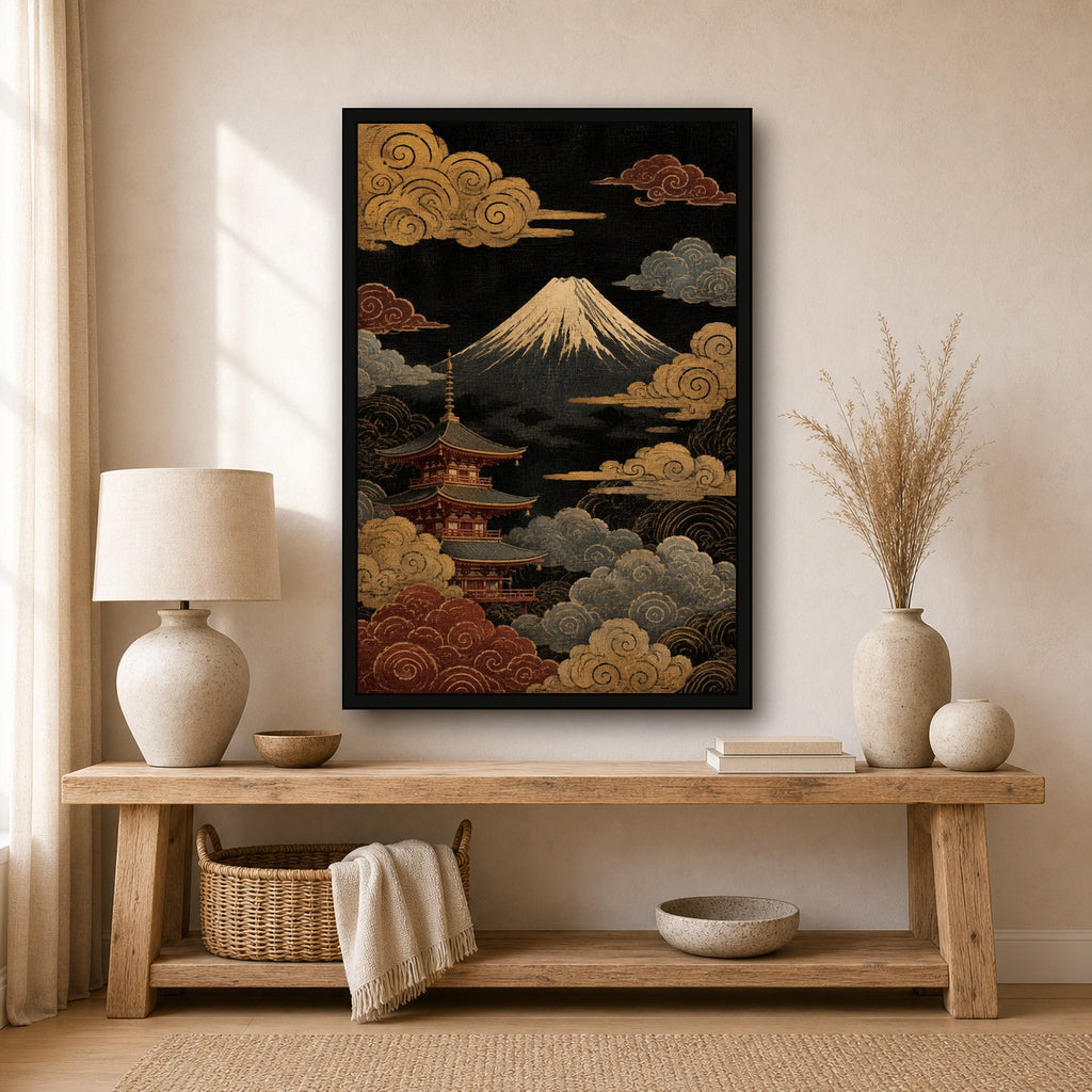 Mount Fuji Pagoda Clouds Japanese Retro Poster Print - 2x3 room mockup