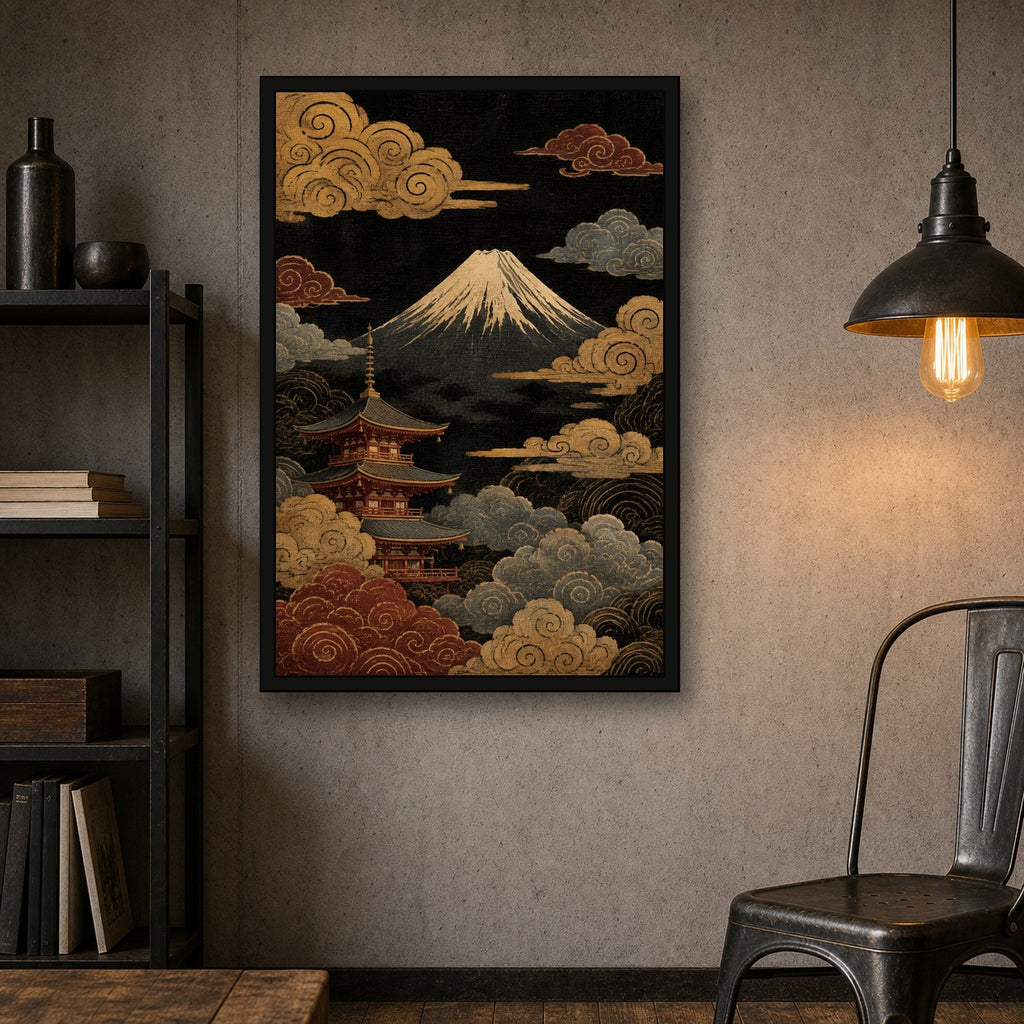 Mount Fuji Pagoda Clouds Japanese Retro Poster Print - 2x3 room mockup