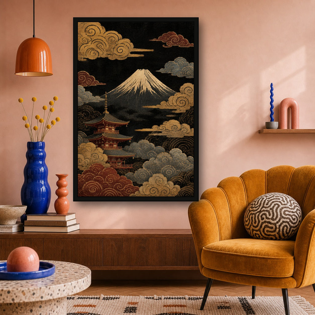 Mount Fuji Pagoda Clouds Japanese Retro Poster Print - 2x3 room mockup