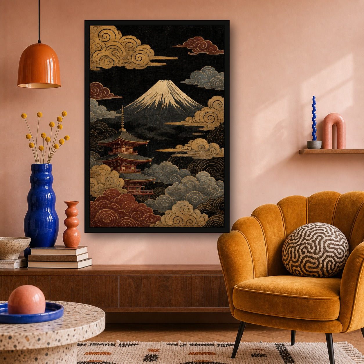 Mount Fuji Pagoda Clouds Japanese Retro Poster Print - 2x3 room mockup