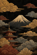 Mount Fuji Pagoda Clouds Japanese Retro Poster Print
