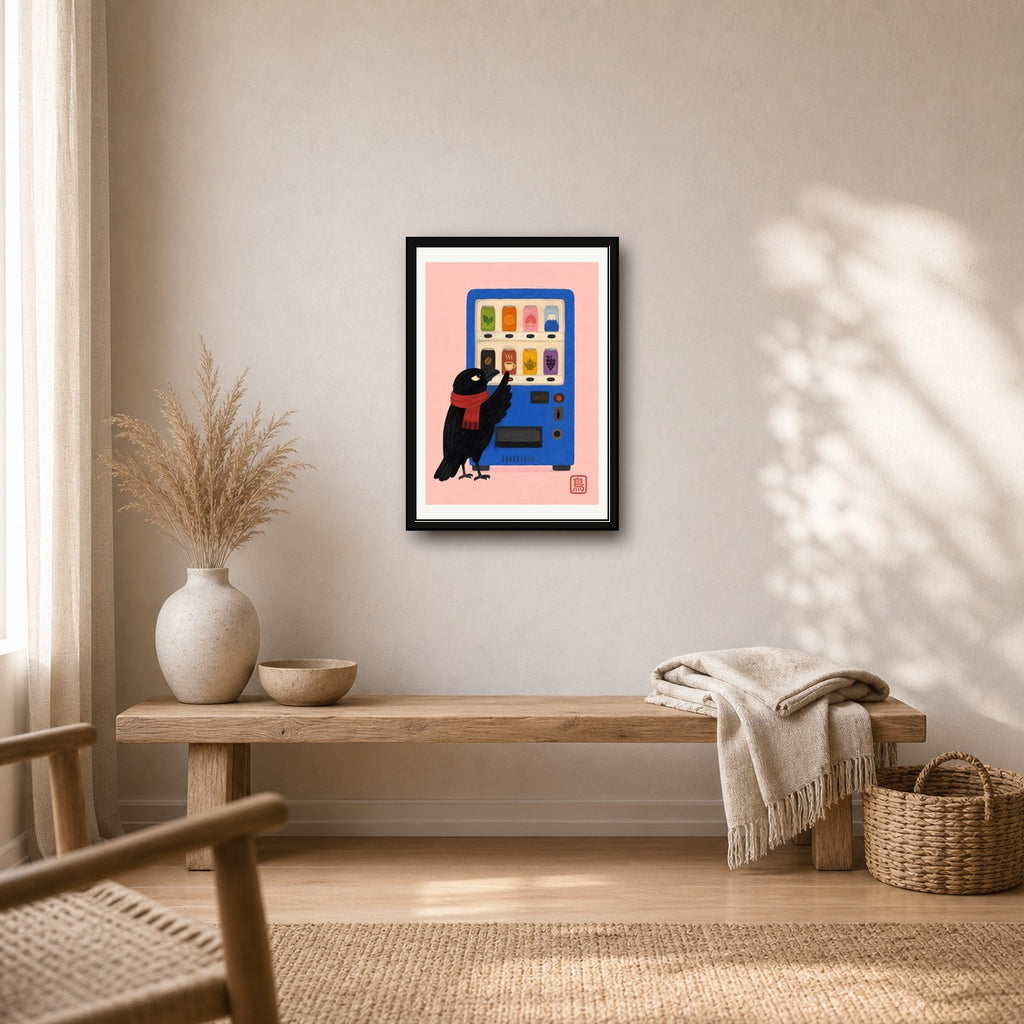 Mount Fuji Vending Machine Art Print, Japanese Crow Cafe Poster, Cute Japan Travel Decor in Six Sizes - corrected A room mockup