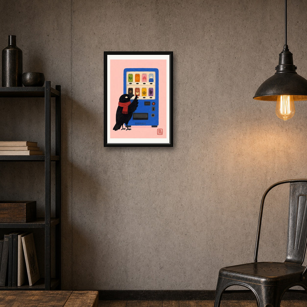 Mount Fuji Vending Machine Art Print, Japanese Crow Cafe Poster, Cute Japan Travel Decor in Six Sizes - corrected A room mockup