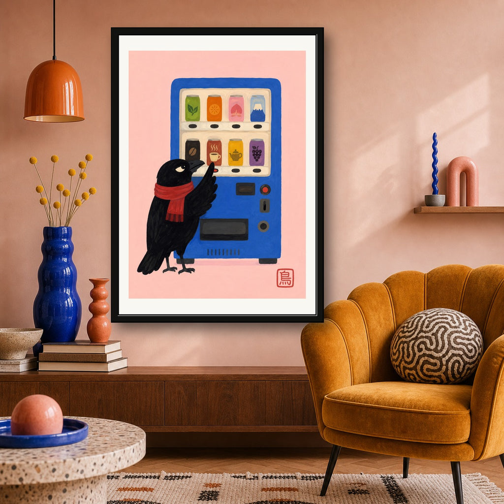 Mount Fuji Vending Machine Art Print, Japanese Crow Cafe Poster, Cute Japan Travel Decor in Six Sizes - corrected A room mockup