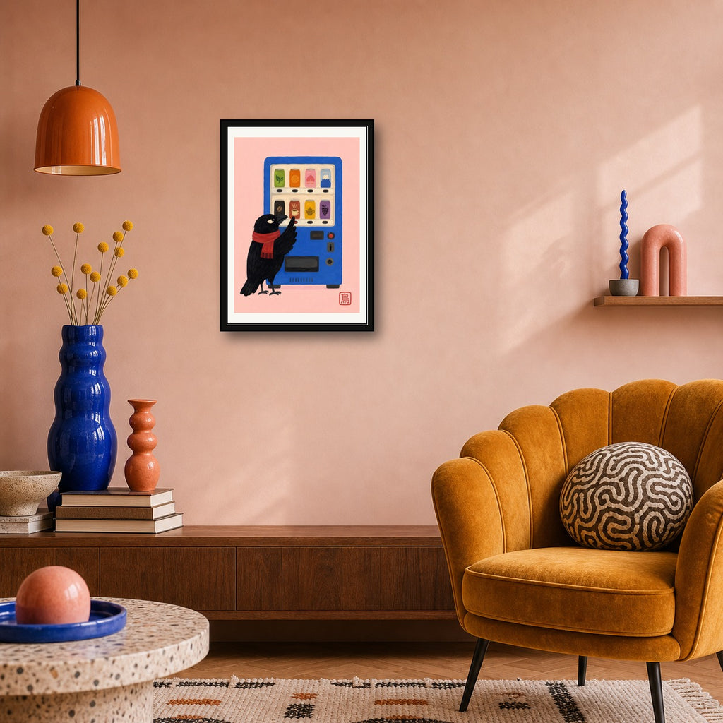 Mount Fuji Vending Machine Art Print, Japanese Crow Cafe Poster, Cute Japan Travel Decor in Six Sizes - corrected A room mockup
