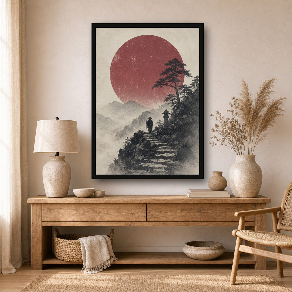Mountain Path Red Sun Poster, Japanese Landscape Wall Art, Travel Print - A room mockup
