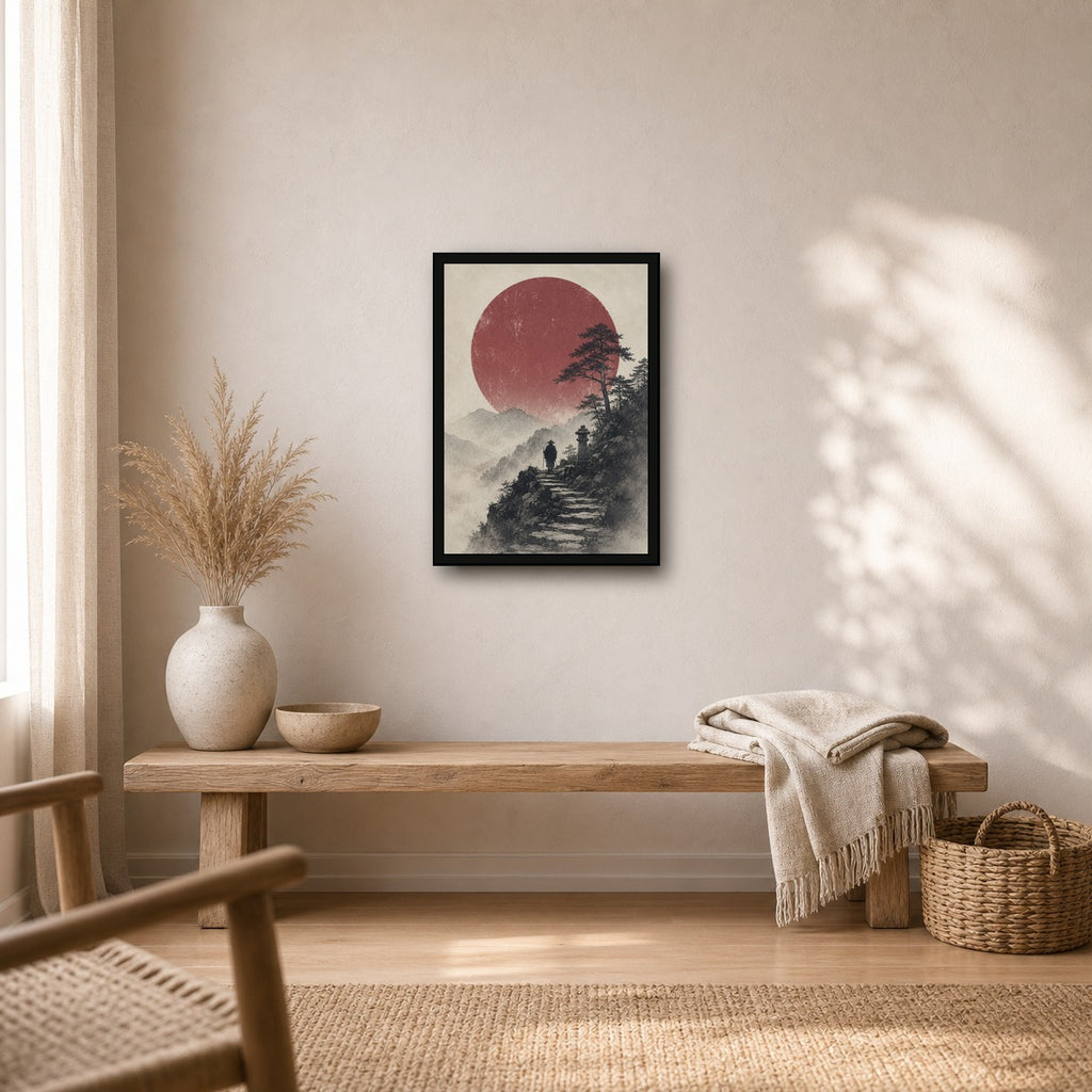 Mountain Path Red Sun Poster, Japanese Landscape Wall Art, Travel Print - A room mockup