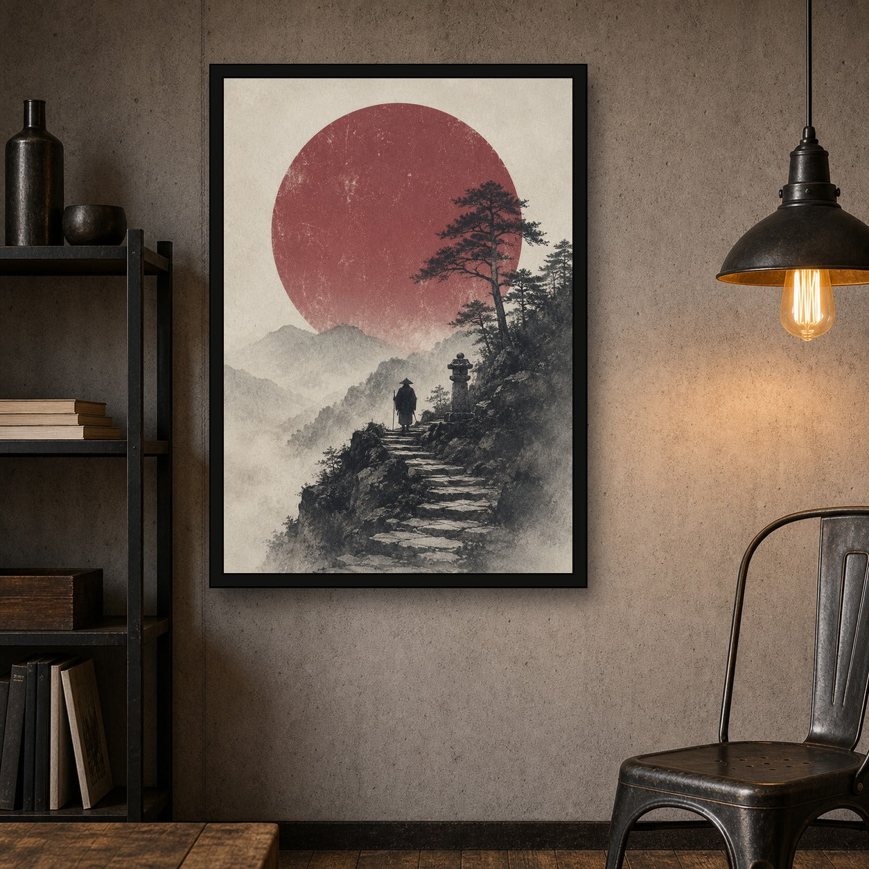 Mountain Path Red Sun Poster, Japanese Landscape Wall Art, Travel Print - A room mockup